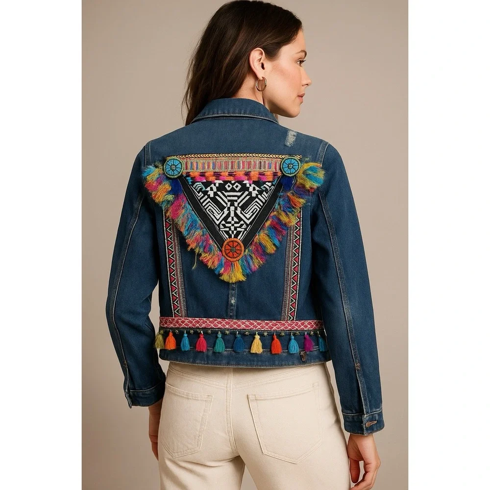 Boho Embroidered Tassel Denim Jacket Festival Tribal Fringe Jean Jacket Womens S